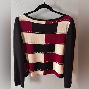 St. John Sport Knit Crew Neck Black Burgundy Cream Sweater Black Sleeves Size M